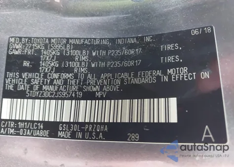 2018 Toyota Sienna Xle Premium 8 Passenger z USA, uszkodzony, nr VIN 5TDYZ3DC2JS957419